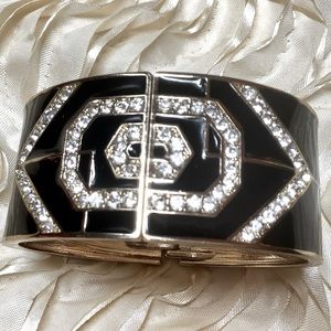 ArtDeco Black Enamel Rhinestone Gold Tone Bracelet